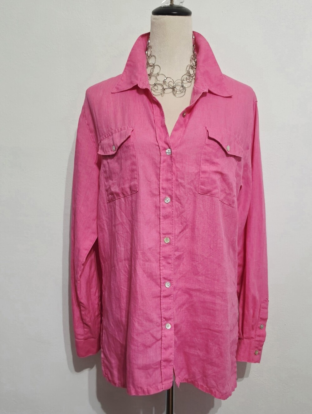 Chico’s Size Med Pink 100% Linen Button Front Shirt Tunic Long Sleeve Coastal - Picture 2 of 12